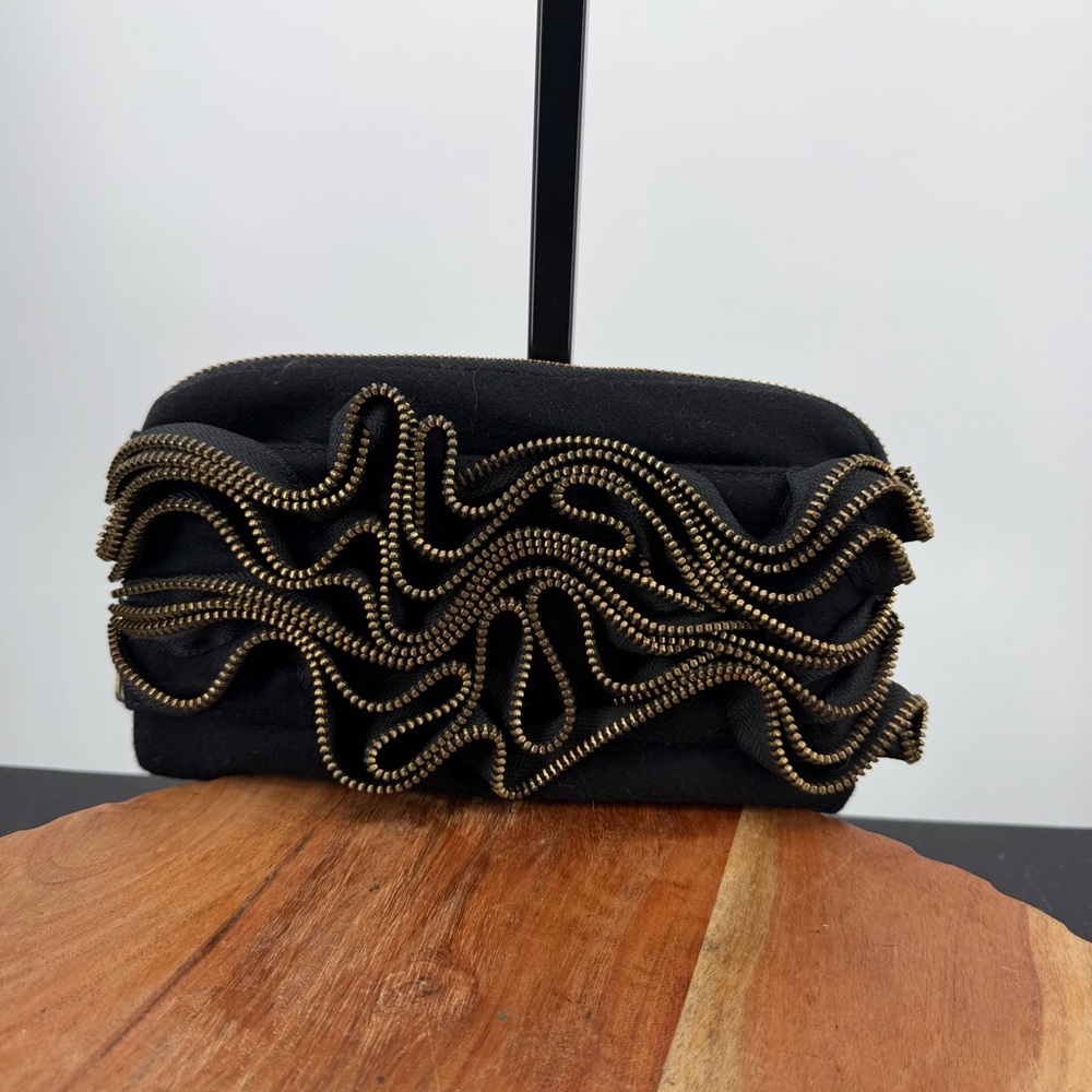 NWT J. Crew‎ Zipper ZigZag Ruffle black felt wool clutch bag